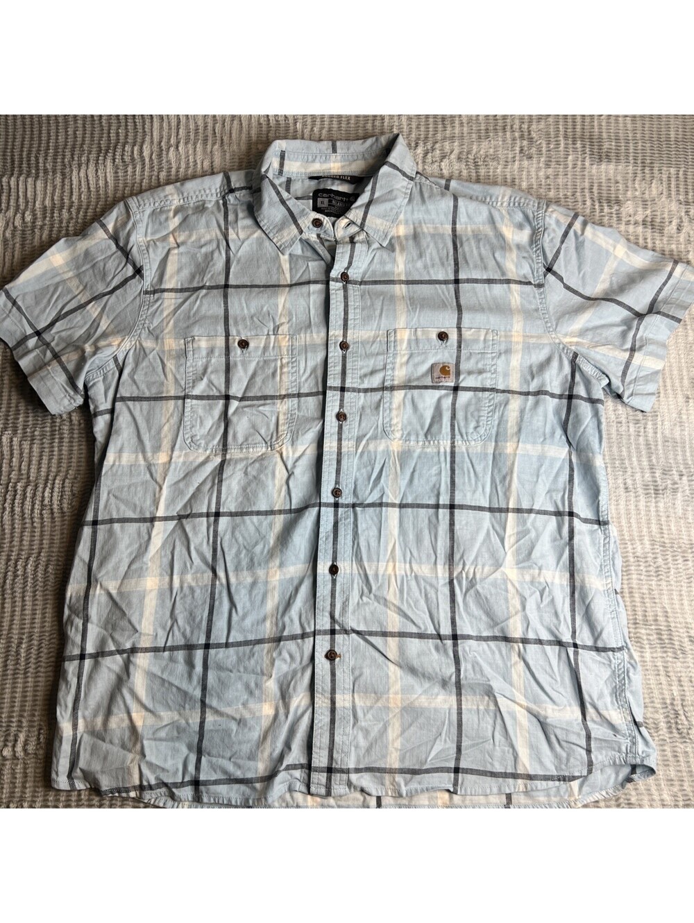 Carhartt Rugged Flex Men's XL Relaxed Fit Plaid Blue SS Button-Up Shirt Pockets